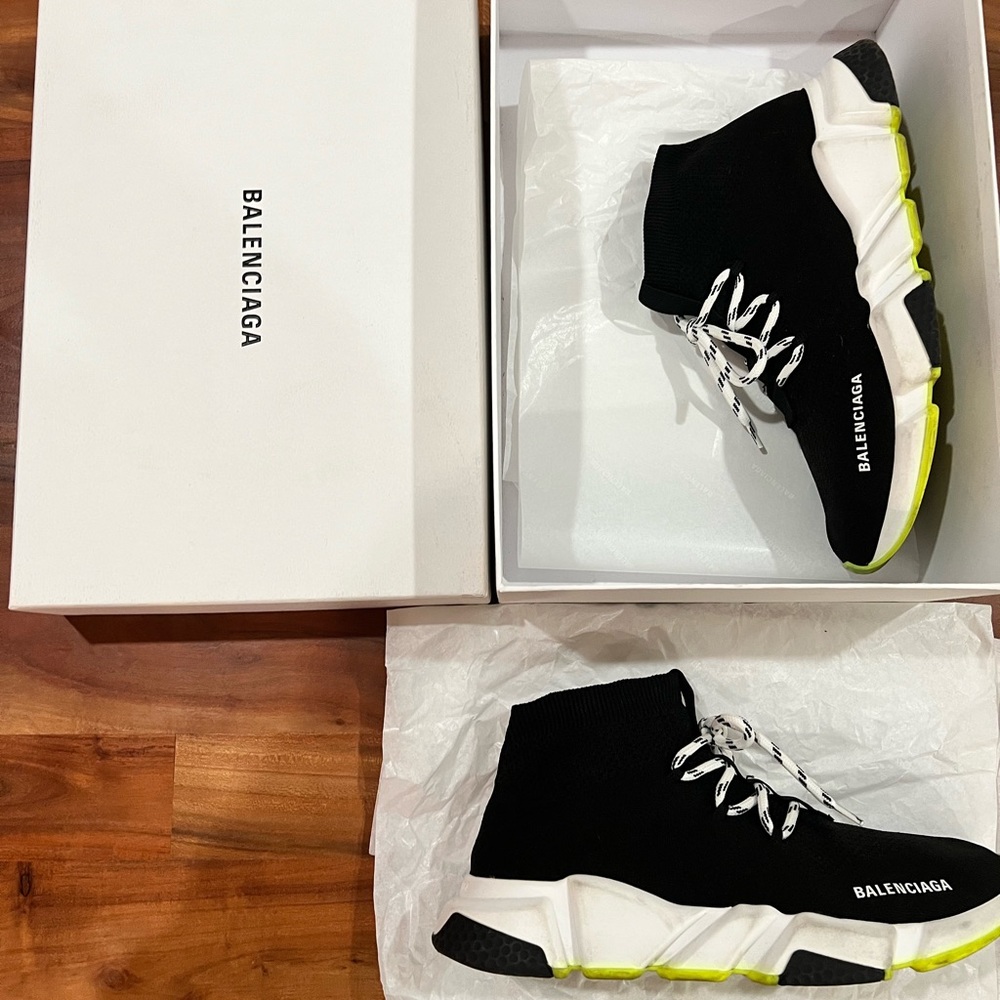 Balenciaga Speed Lace Up Trainer Black Neon Yellow Sz. 9
